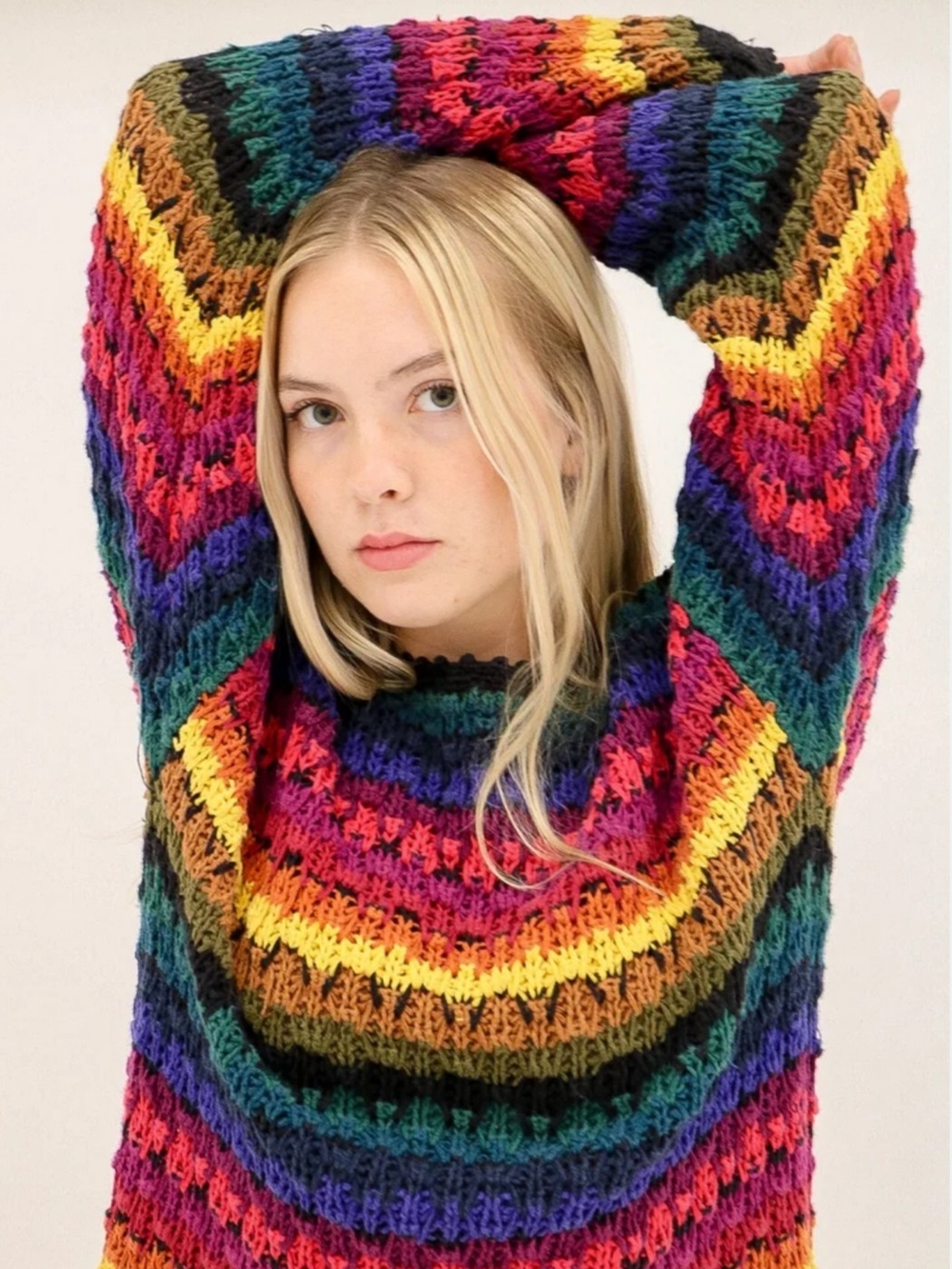 The Limited Vintage 90s Handknit Chevron Crewneck Long Sweater - Rainbow Stripes